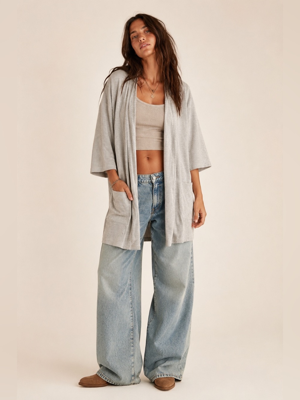 BNWT DONNI Sandwash Ribbed Open Front Kimono Duster Cardigan OSFA